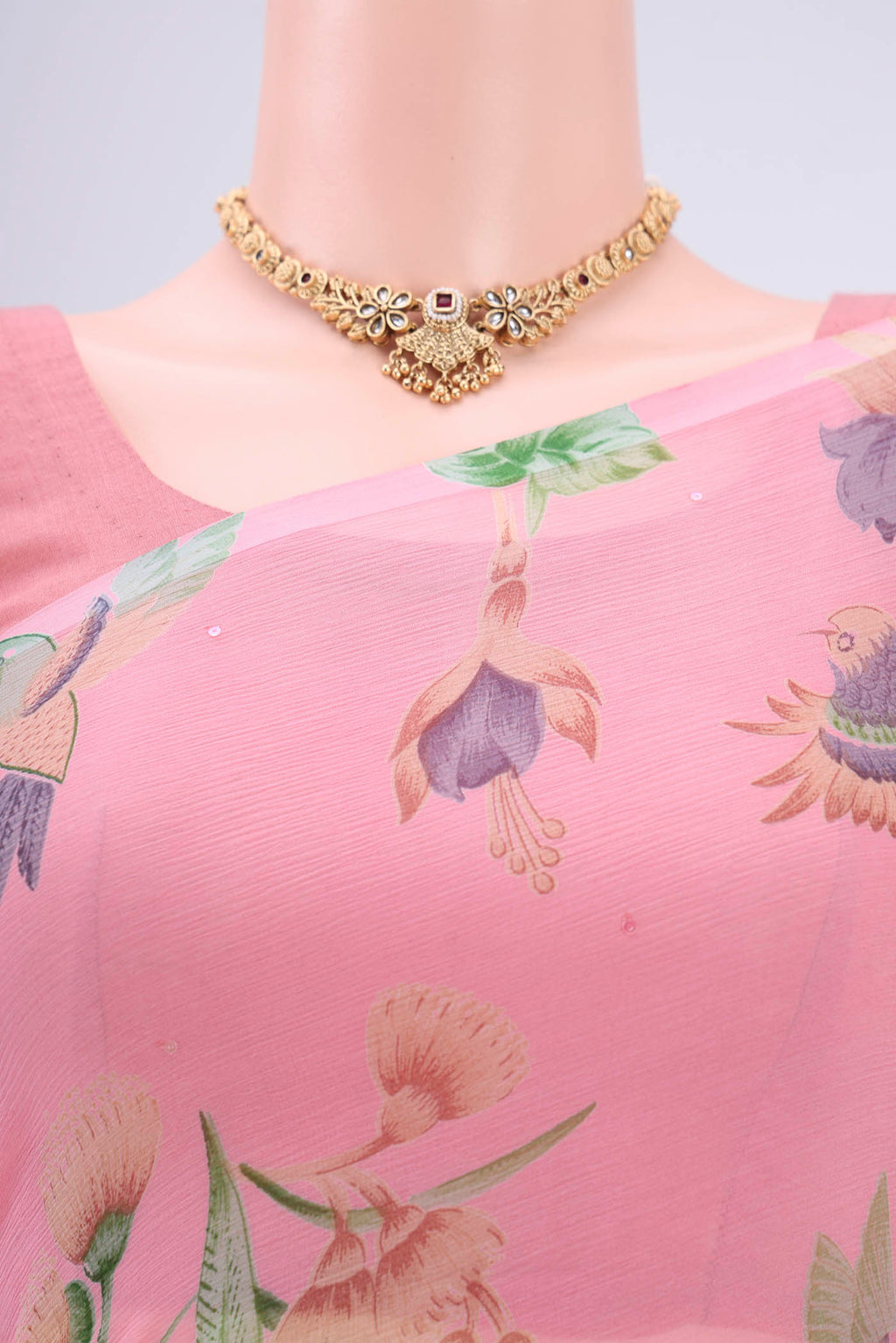 Border image of Rose pink Mysore Chiffon Saree with Floral Print on the body and Satin Border. 