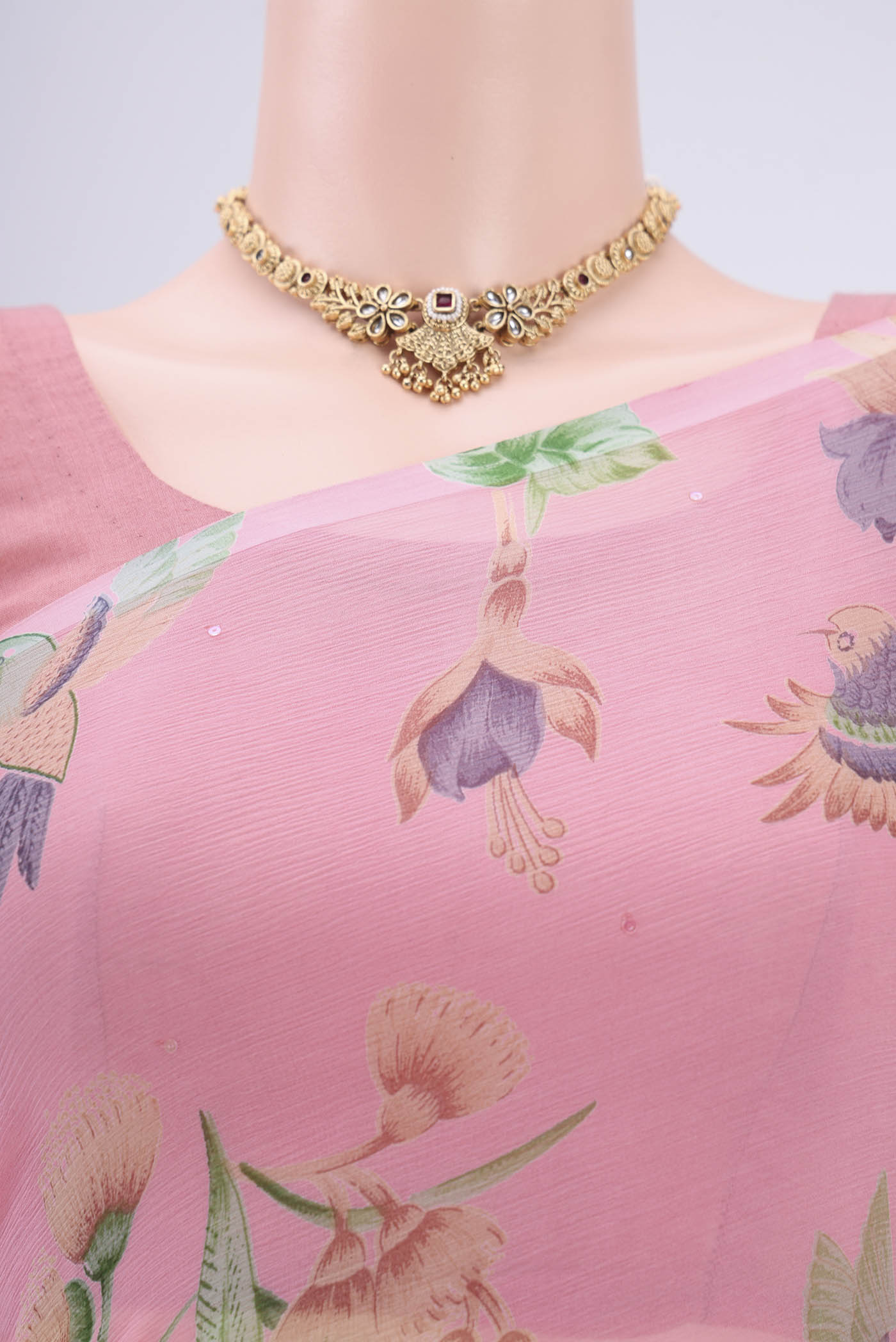 Border image of Rose pink Mysore Chiffon Saree with Floral Print on the body and Satin Border. 