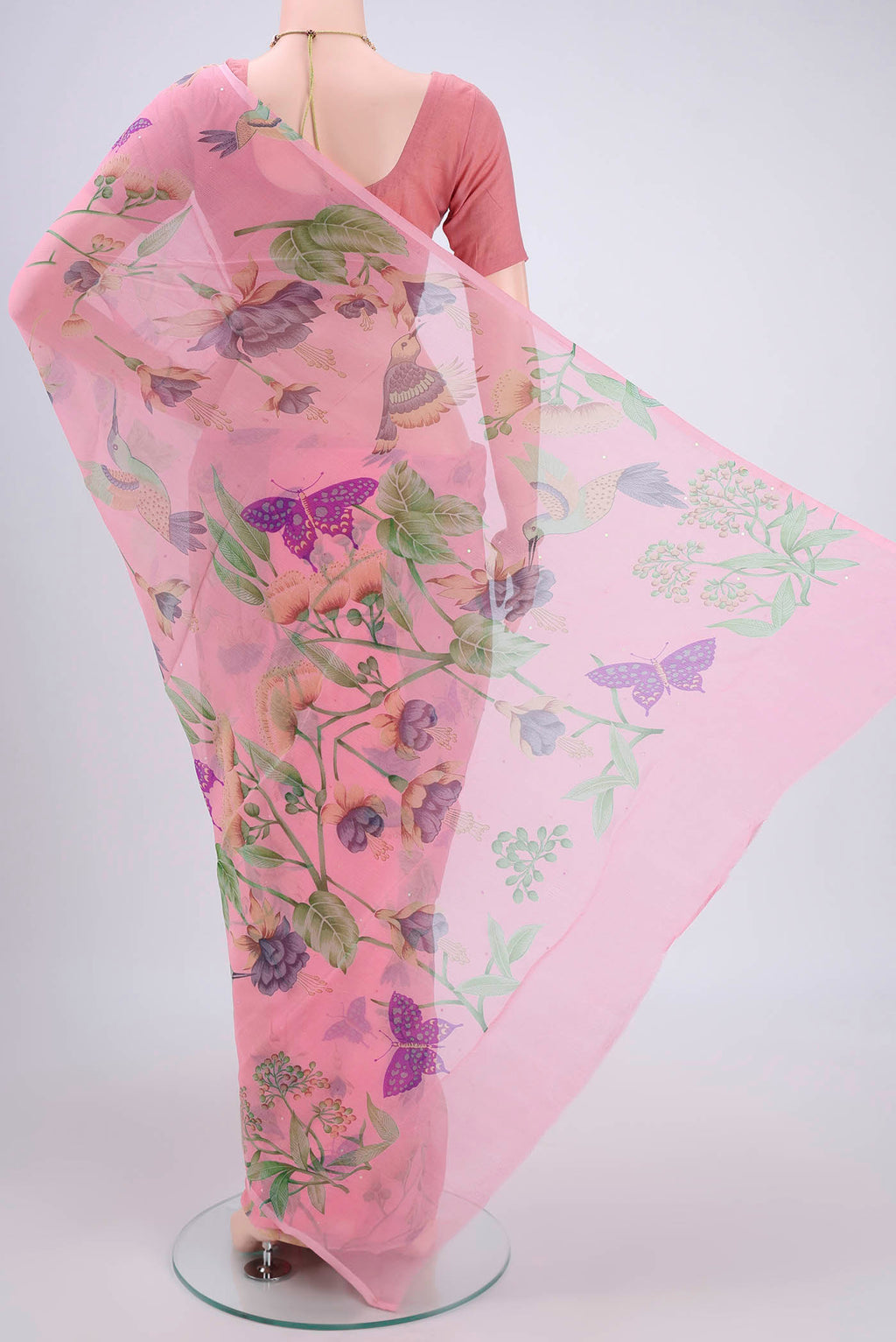 Flat view of Rose pink Mysore Chiffon Saree with Floral Print on the body and Satin Border. 