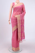 Rose pink Silk Cotton Saree with Zari Butta on the body and Zari Border.  displayed on a mannequin