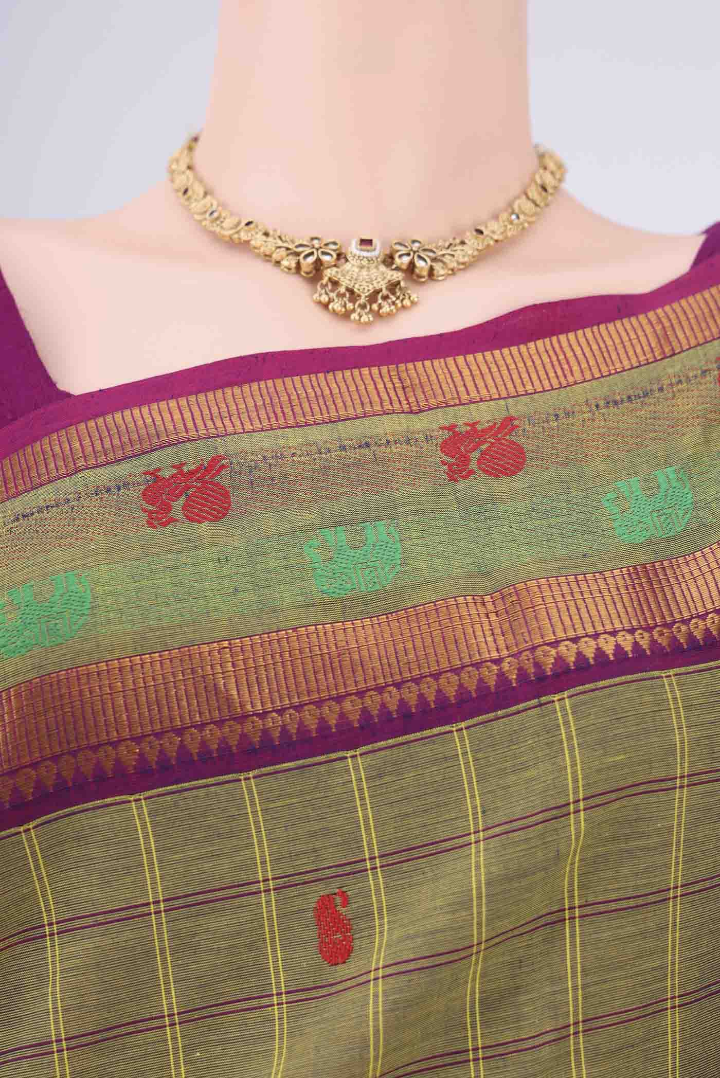 Border image of Mehandi Green Kanchi Cotton Saree with Checked design on the body and Temple Border. 