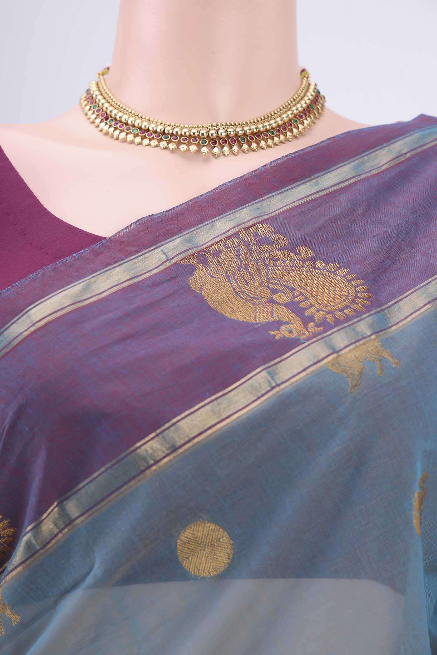 Border image of Light Blue Coimbatore Cotton Saree with Zari Butta on the body and Zari Border. 