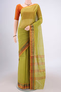 Light Green Venkatagiri Cotton Saree with Zari Butta on the body and Zari Border.  displayed on a mannequin