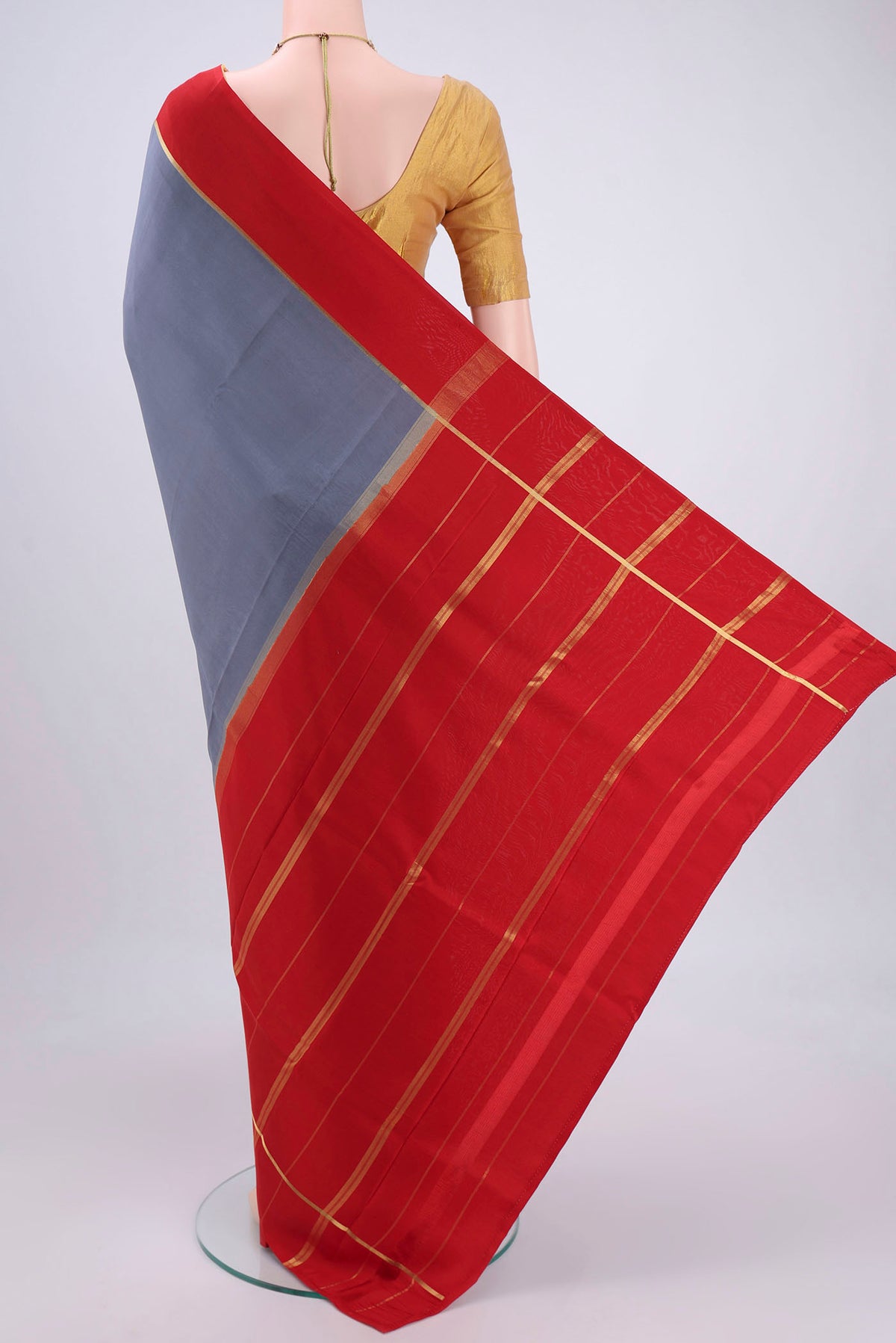 Flat view of Pure Silk Pure Zari Grey Mysore Crepe Saree with Plain Body and Zari Border. 