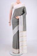 Pure Silk Pure Zari Grey Mysore Crepe Saree with Plain Body and Zari Border.  displayed on a mannequin