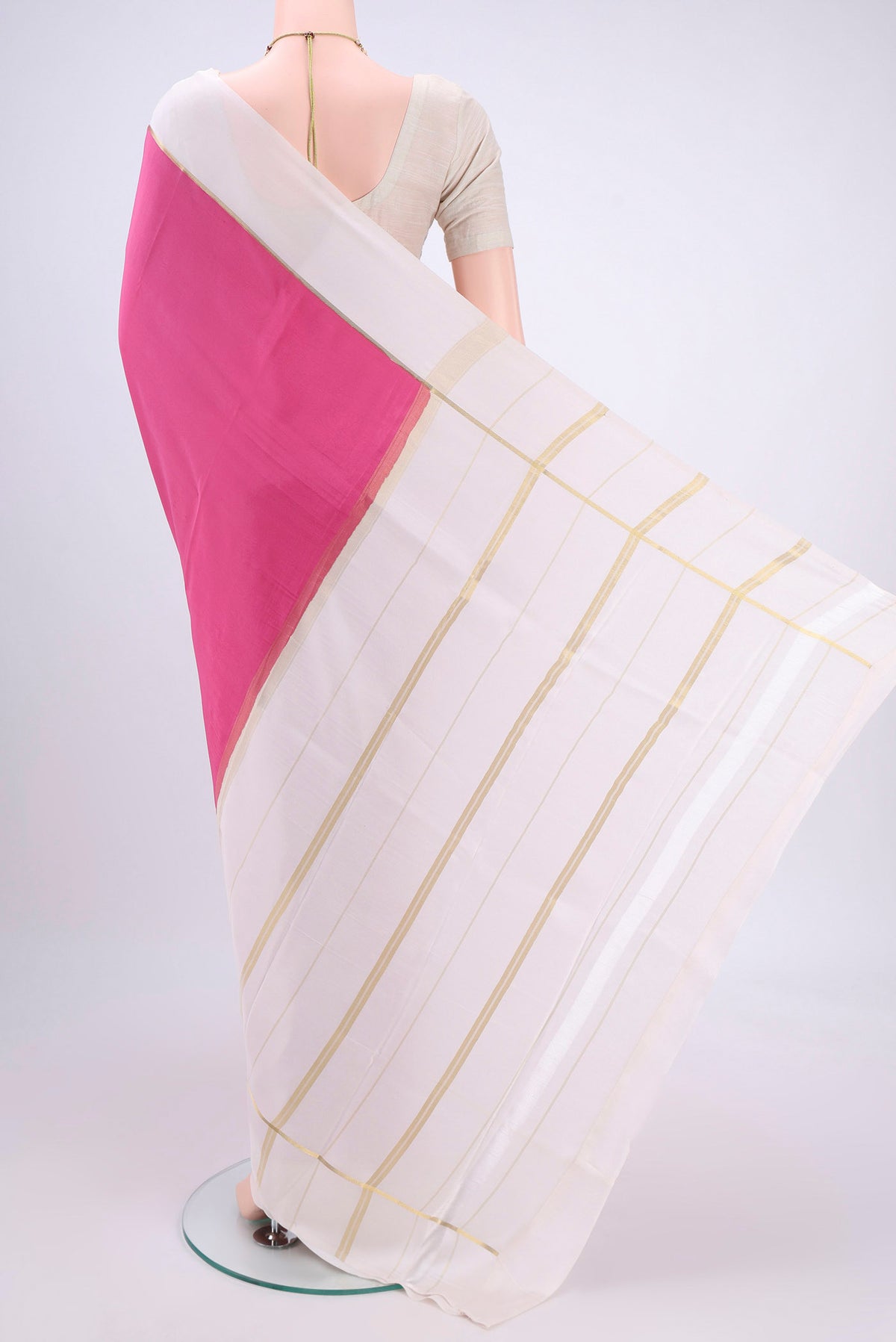 Flat view of Pure Silk Pure Zari Rose pink Mysore Crepe Saree with Plain Body and Zari Border. 