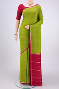 Pure Silk Pure Zari Parrot Green Mysore Crepe Saree with Plain Body and Zari Border.  displayed on a mannequin