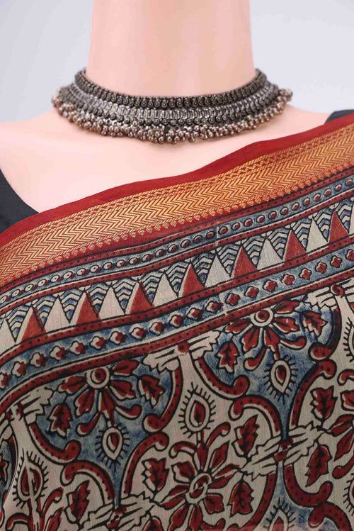 Border image of Beige Chanderi Silk Cotton Saree with Ajrakh Print on the body and Zari Border. 