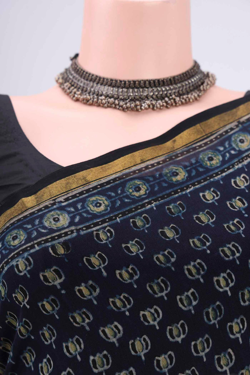 Border image of Navy Blue Chanderi Silk Cotton Saree with Ajrakh Print on the body and Zari Border. 