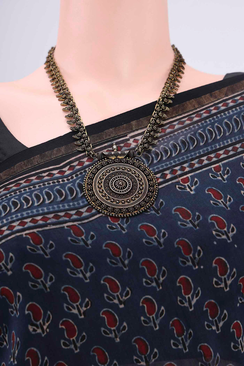 Border image of Navy Blue Chanderi Silk Cotton Saree with Ajrakh Print on the body and Zari Border. 