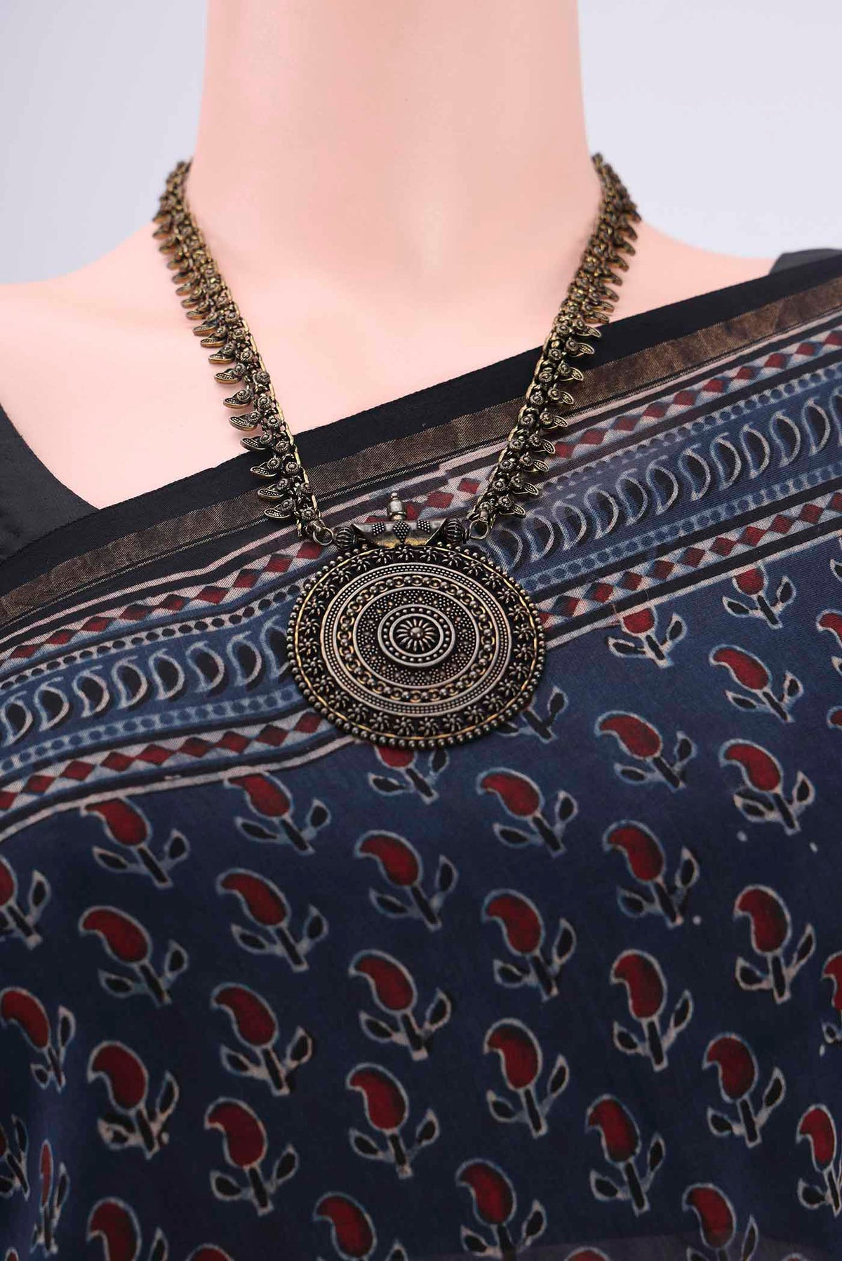Border image of Navy Blue Chanderi Silk Cotton Saree with Ajrakh Print on the body and Zari Border. 