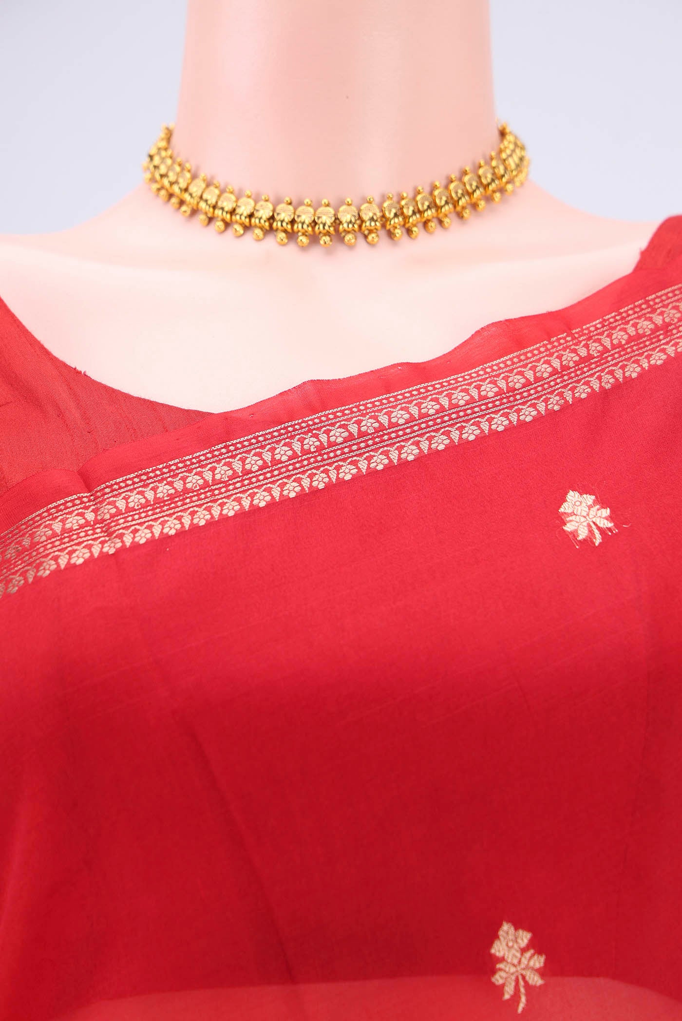 Border image of Red Organza Silk Saree with Plain Body and Zari Border. 