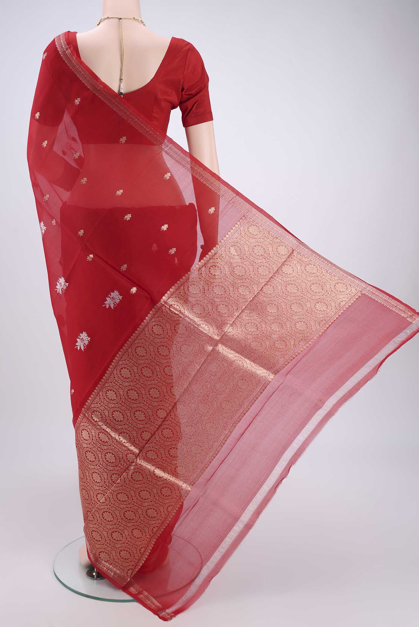 Flat view of Red Organza Silk Saree with Plain Body and Zari Border. 
