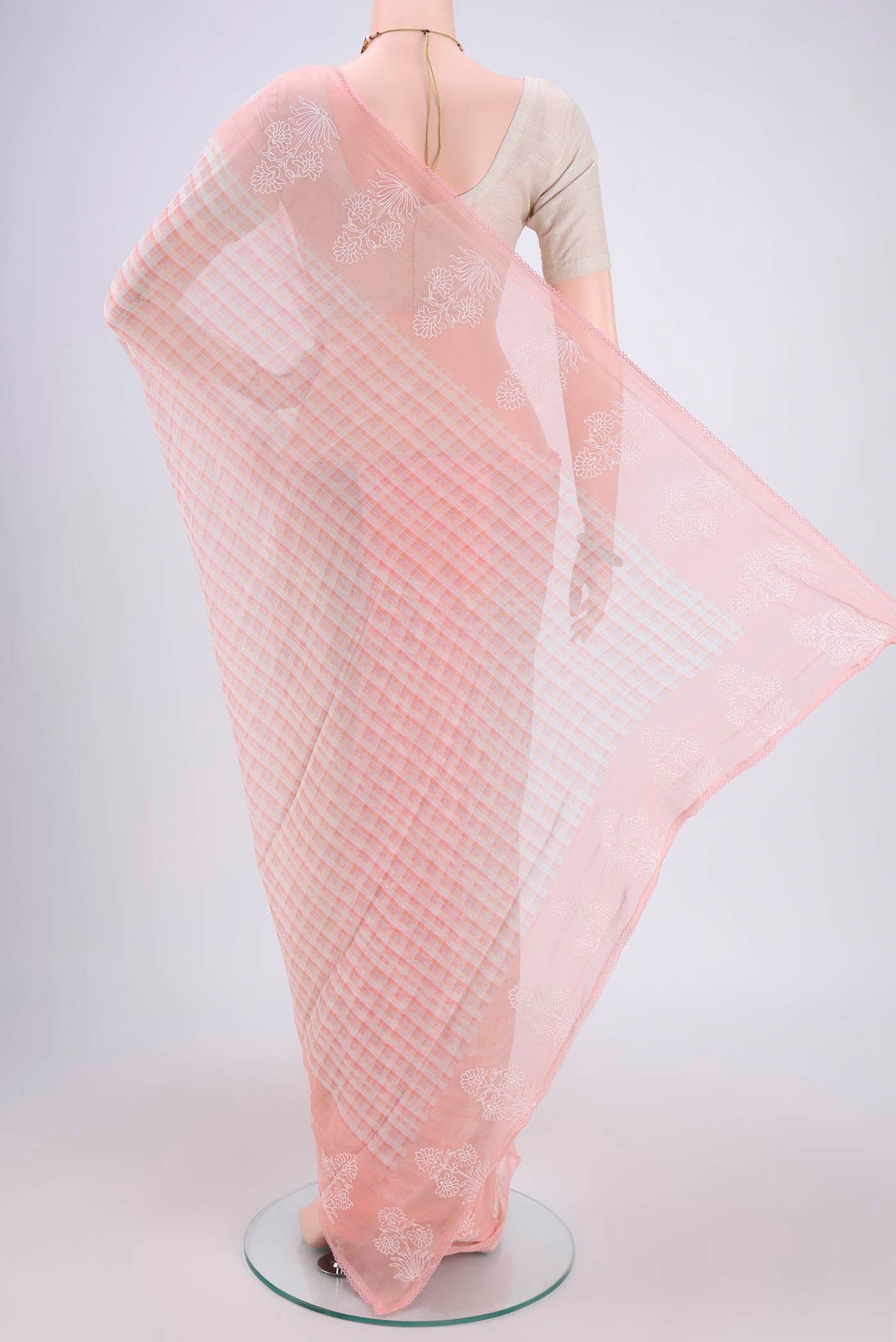 Flat view of Beige Mysore Chiffon Saree with Checked design on the body and Thread Border. 