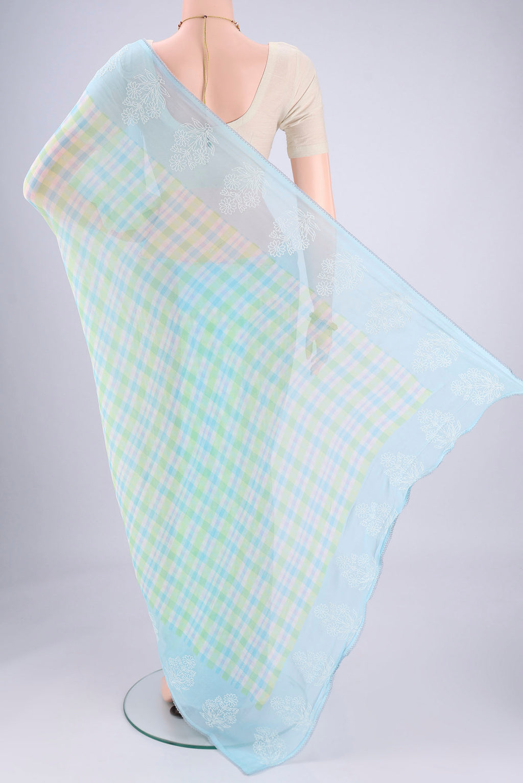 Flat view of Sky Blue Mysore Chiffon Saree with Checked design on the body and Thread Border. 