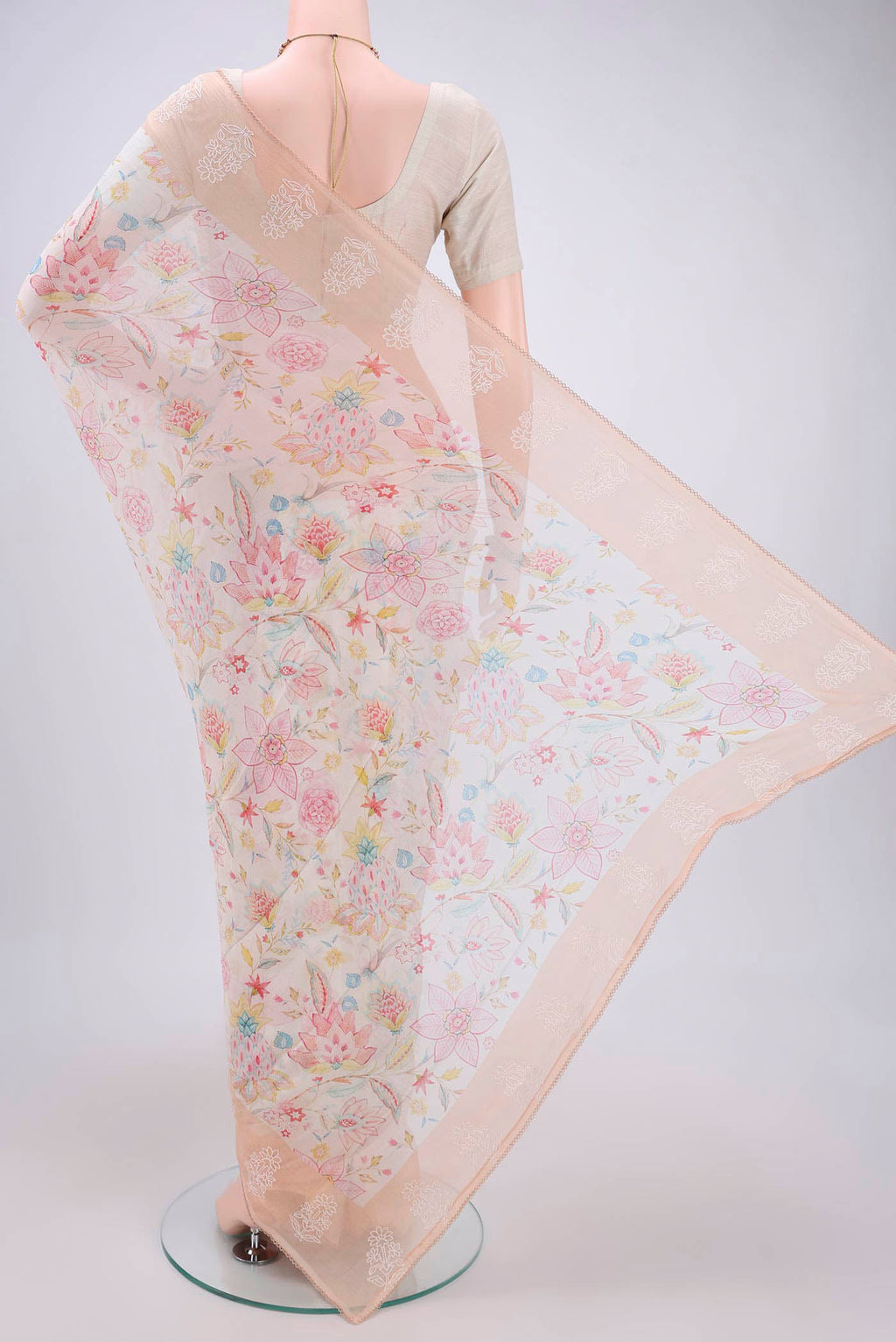 Flat view of Off White Mysore Chiffon Saree with Checked design on the body and Thread Border. 