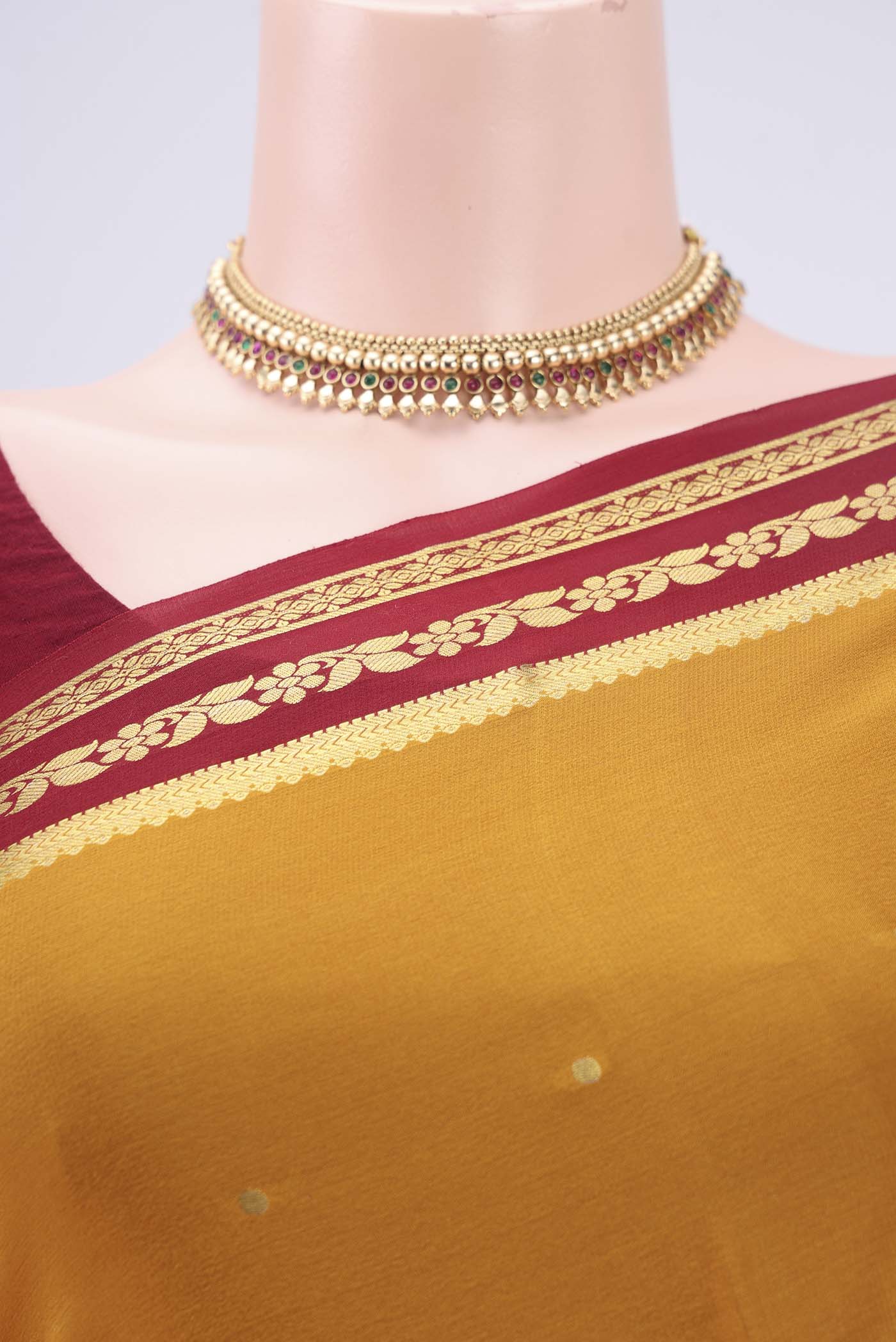 Border image of Yellow Mysore Crepe Saree with Plain Body and Zari Border. 