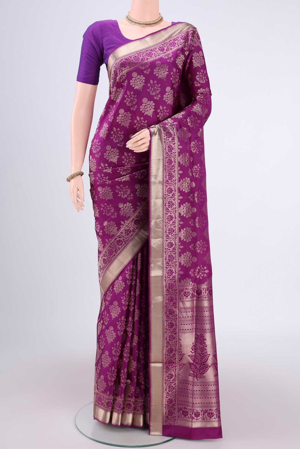 Purple Dual Tone Soft Silk Saree with Zari Brocade on the body and Zari Border.  displayed on a mannequin