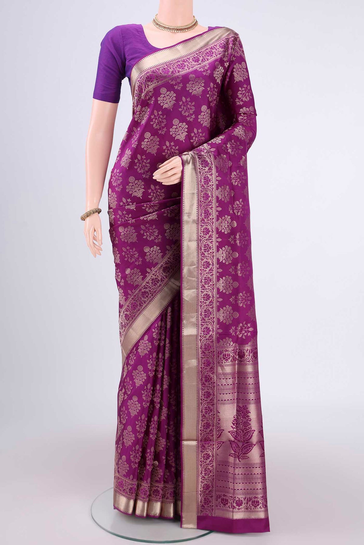 Purple Dual Tone Soft Silk Saree with Zari Brocade on the body and Zari Border.  displayed on a mannequin