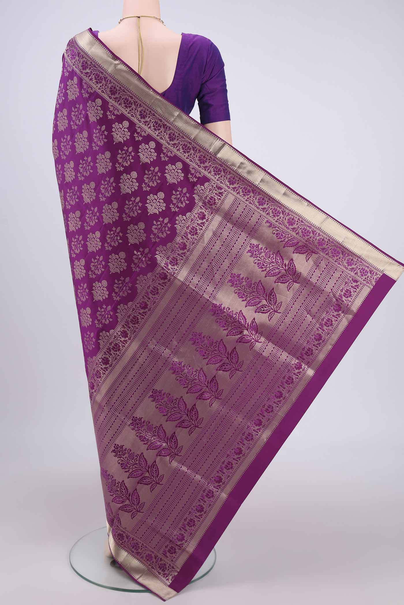 Flat view of Purple Dual Tone Soft Silk Saree with Zari Brocade on the body and Zari Border. 