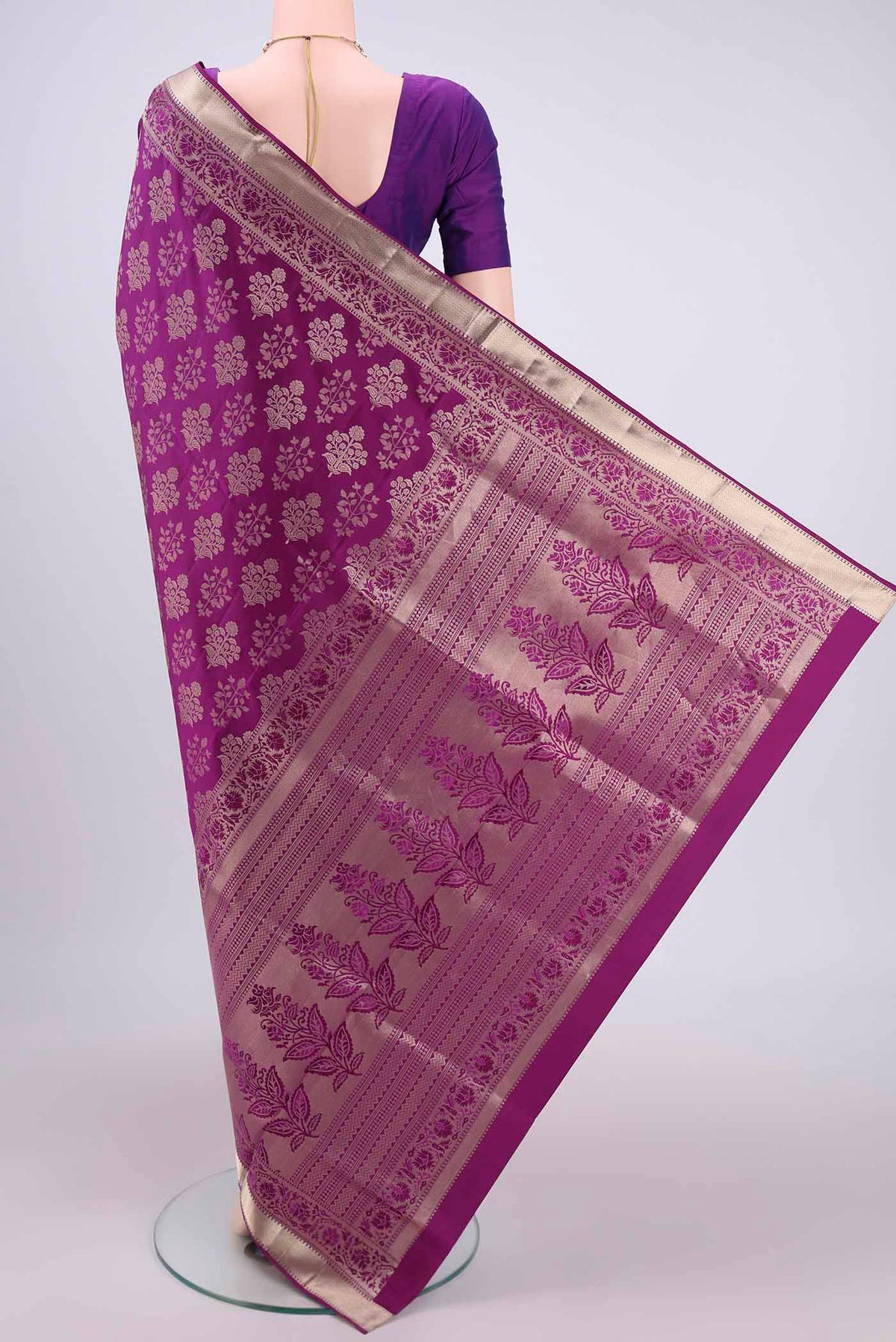 Flat view of Purple Dual Tone Soft Silk Saree with Zari Brocade on the body and Zari Border. 