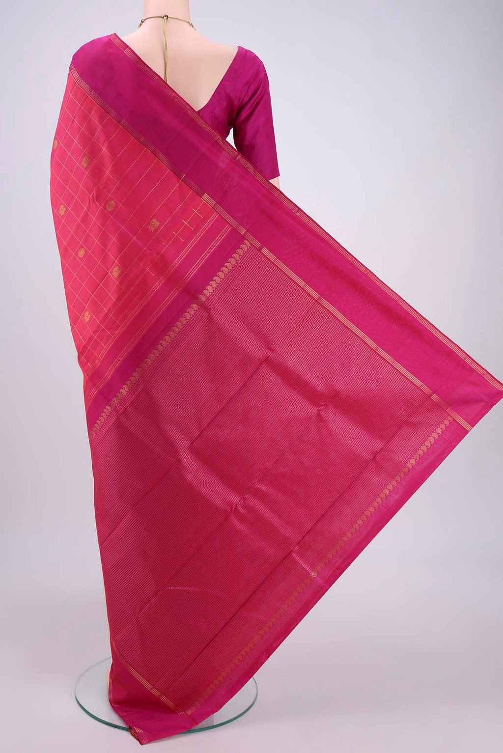 Flat view of Maroon Dual Tone Kanchipuram Silk Saree with Checked design on the body and Zari Border. 