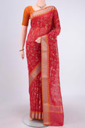 Red Kota Silk Saree with Embroidery on the body and Plain Border.  displayed on a mannequin