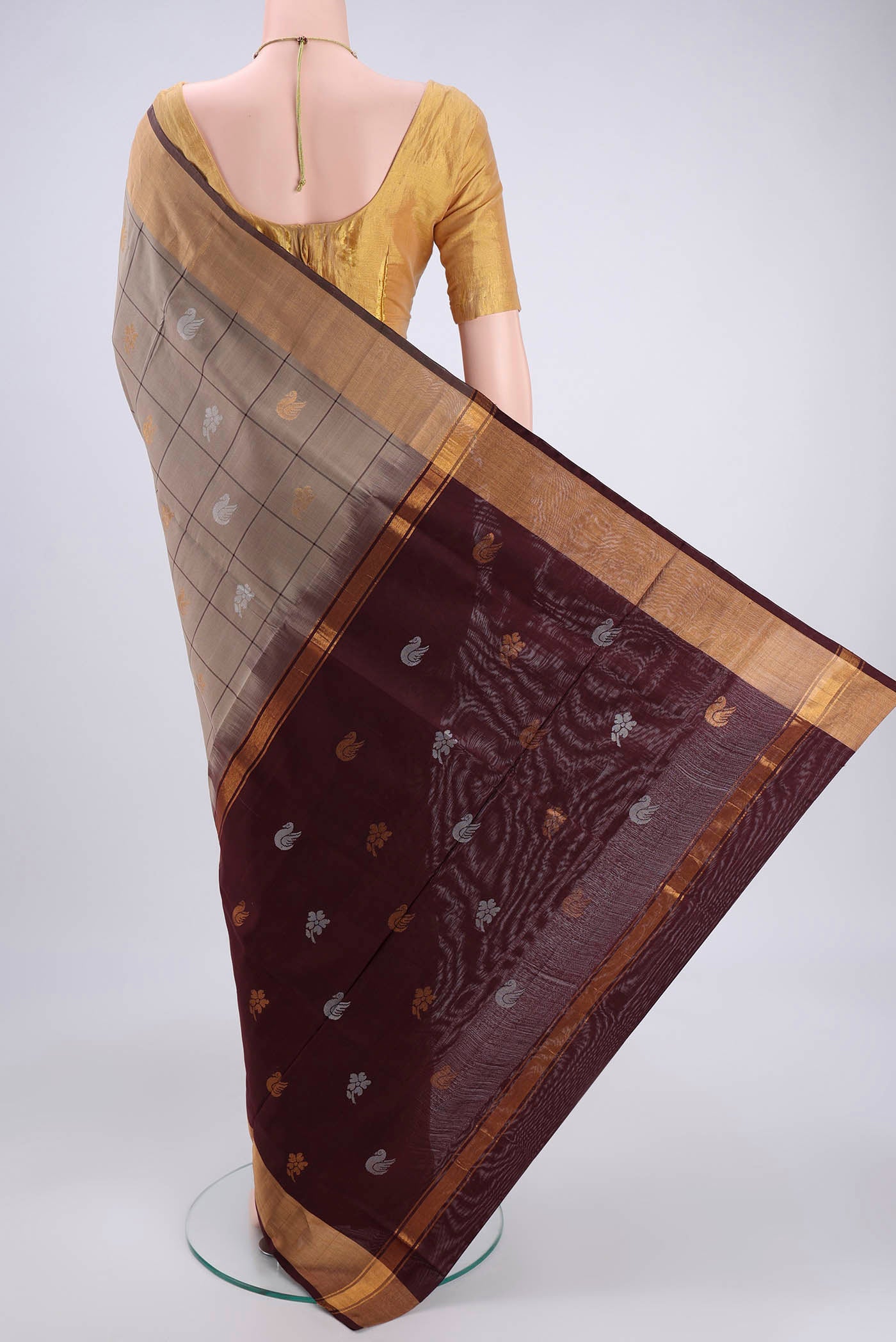 Flat view of Dark Beige Uppada Silk Saree with Checked design on the body and Zari Border. 