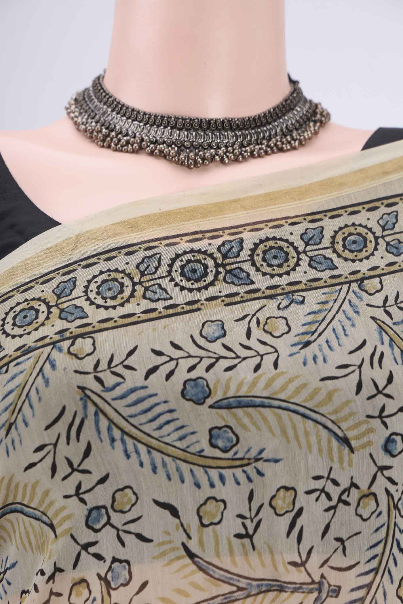 Border image of Beige Chanderi Silk Cotton Saree with Ajrakh Print on the body and Zari Border. 