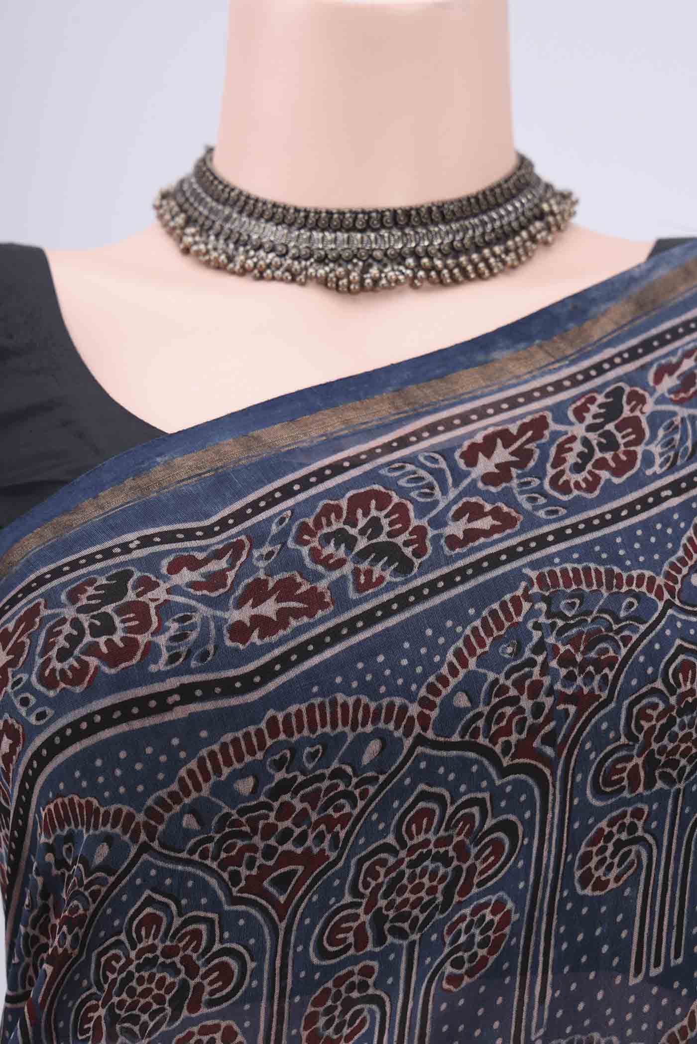 Border image of Blue Chanderi Silk Cotton Saree with Ajrakh Print on the body and Zari Border. 