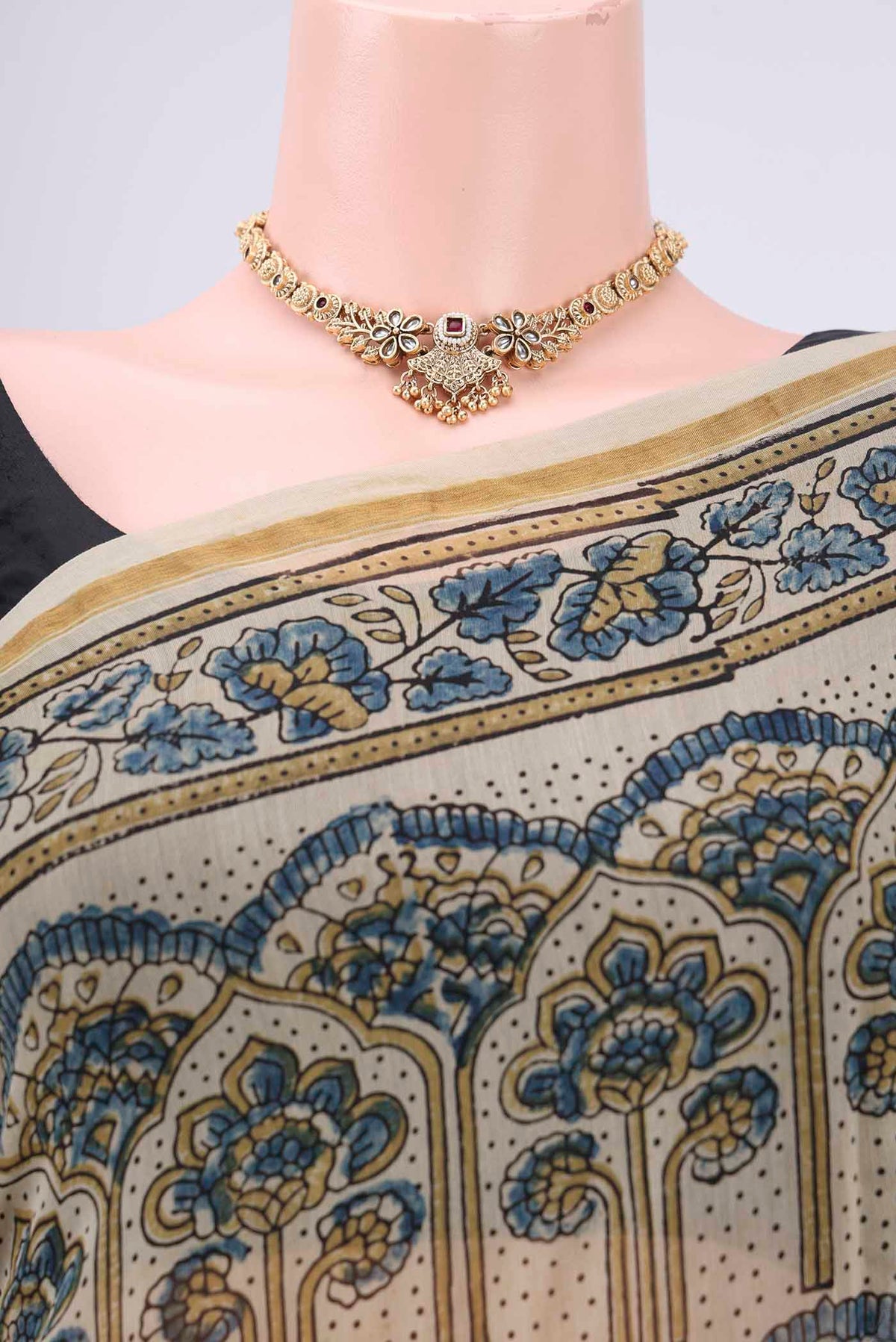Border image of Beige Chanderi Silk Cotton Saree with Ajrakh Print on the body and Zari Border. 
