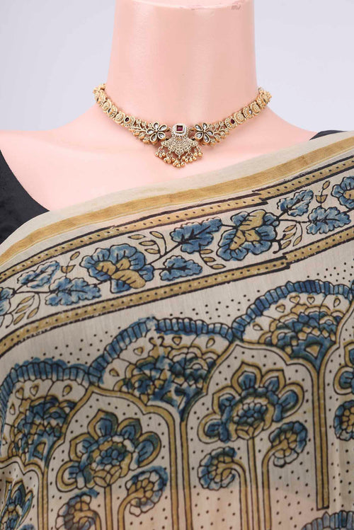 Border image of Beige Chanderi Silk Cotton Saree with Ajrakh Print on the body and Zari Border. 