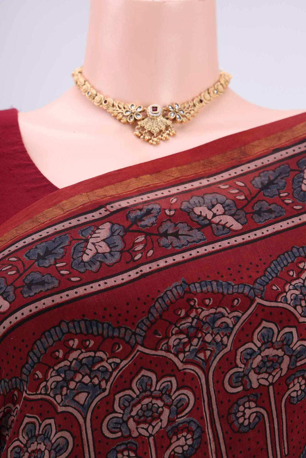 Border image of Maroon Chanderi Silk Cotton Saree with Ajrakh Print on the body and Zari Border. 
