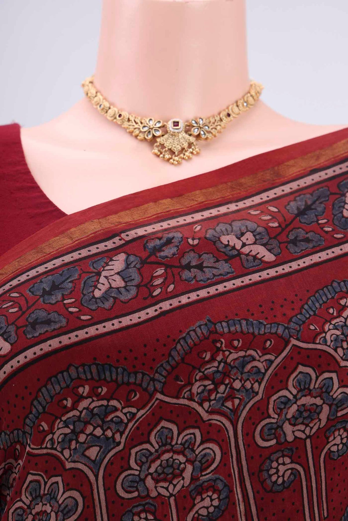 Border image of Maroon Chanderi Silk Cotton Saree with Ajrakh Print on the body and Zari Border. 