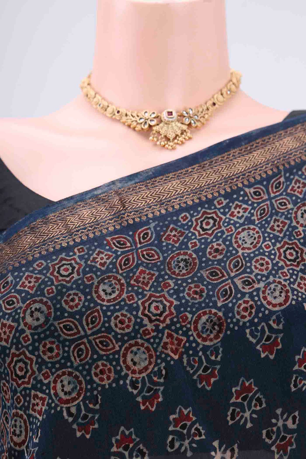 Border image of Indigo Chanderi Silk Cotton Saree with Ajrakh Print on the body and Zari Border. 