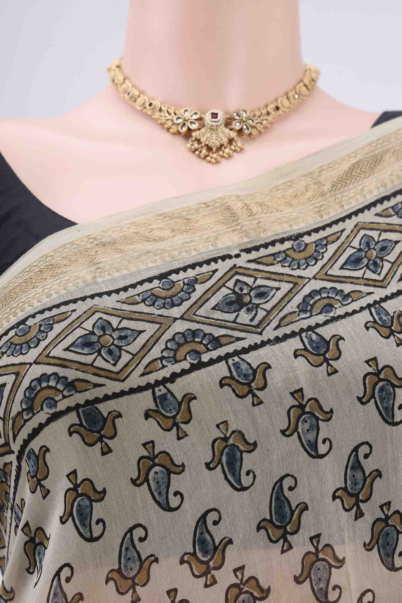 Border image of Beige Chanderi Silk Cotton Saree with Ajrakh Print on the body and Zari Border. 