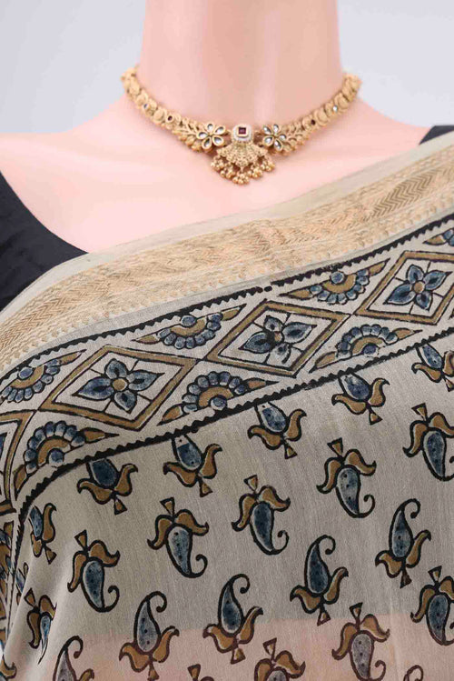 Border image of Beige Chanderi Silk Cotton Saree with Ajrakh Print on the body and Zari Border. 