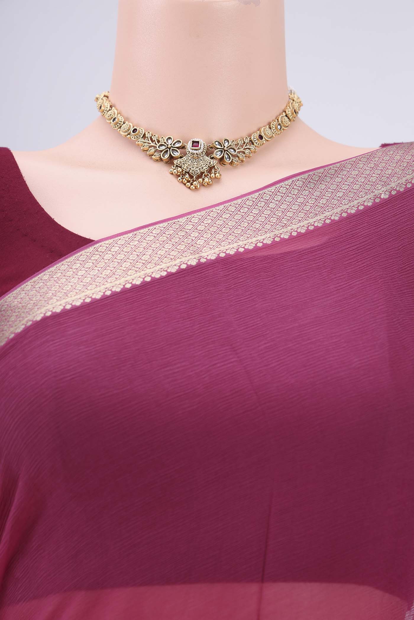 Border image of Magenta Dual Tone Mysore Chiffon Saree with Plain Body and Zari Border. 