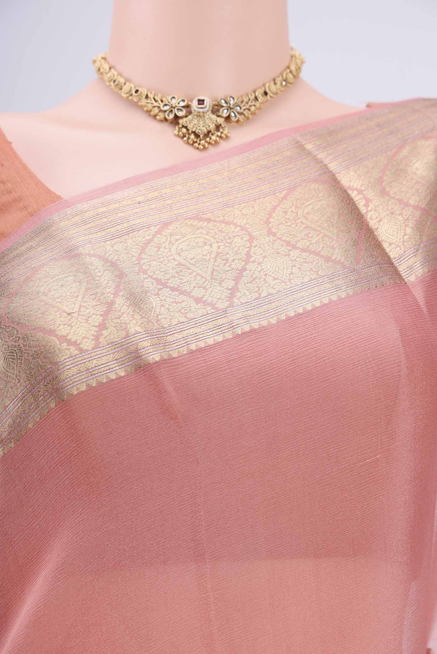 Border image of Peach Mysore Chiffon Saree with Plain Body and Zari Border. 