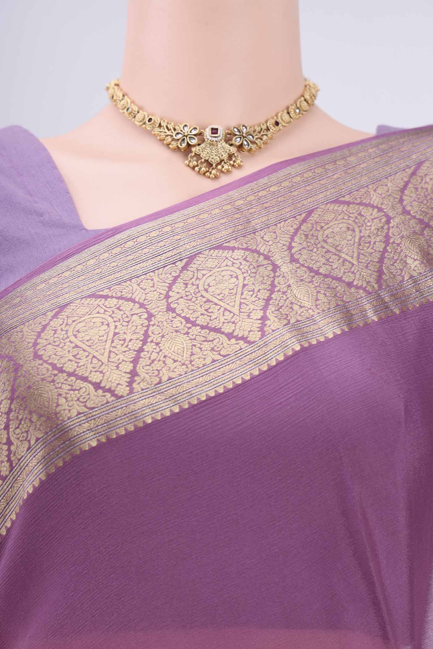 Border image of Lavender Mysore Chiffon Saree with Plain Body and Zari Border. 