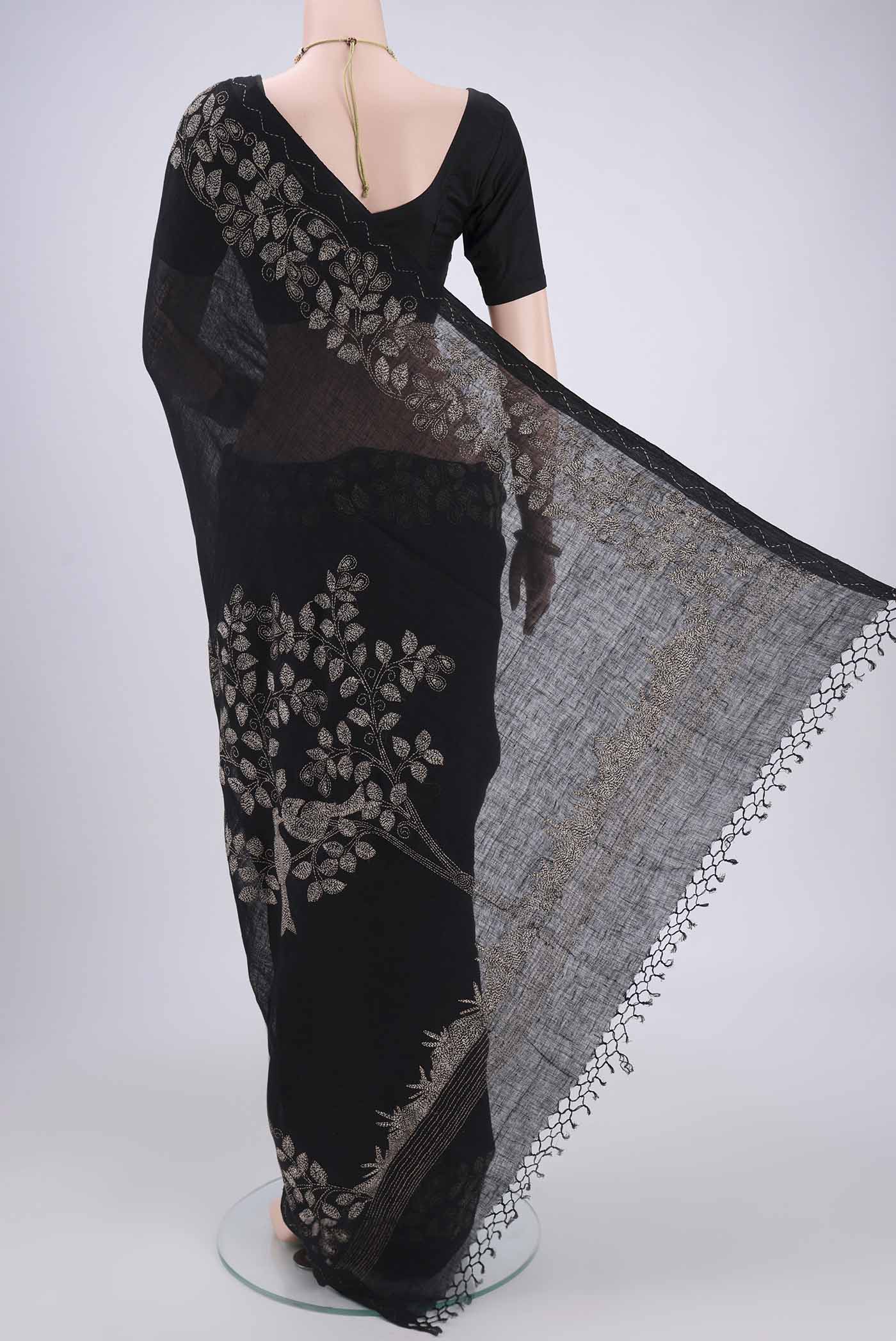 Flat view of Blue Linen Saree with Kantha Work on the body and Plain Border. 