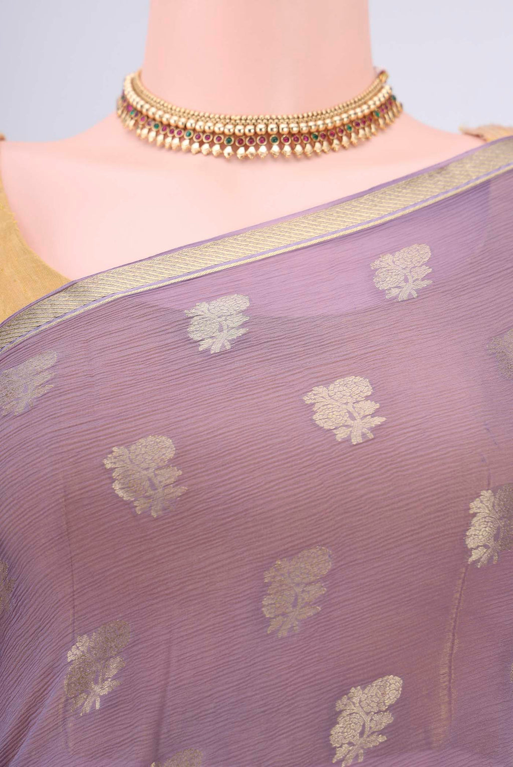 Border image of Lavender Mysore Chiffon Saree with Zari Butta on the body and Zari Border. 