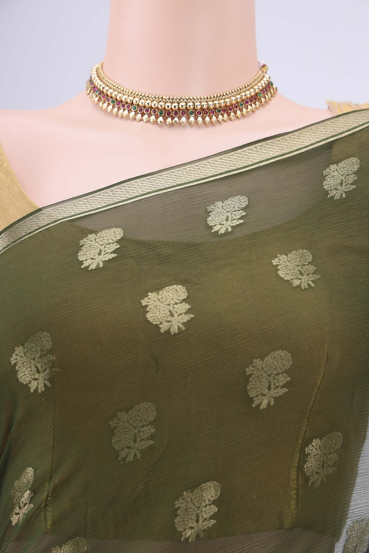 Border image of Olive Green Mysore Chiffon Saree with Zari Butta on the body and Zari Border. 