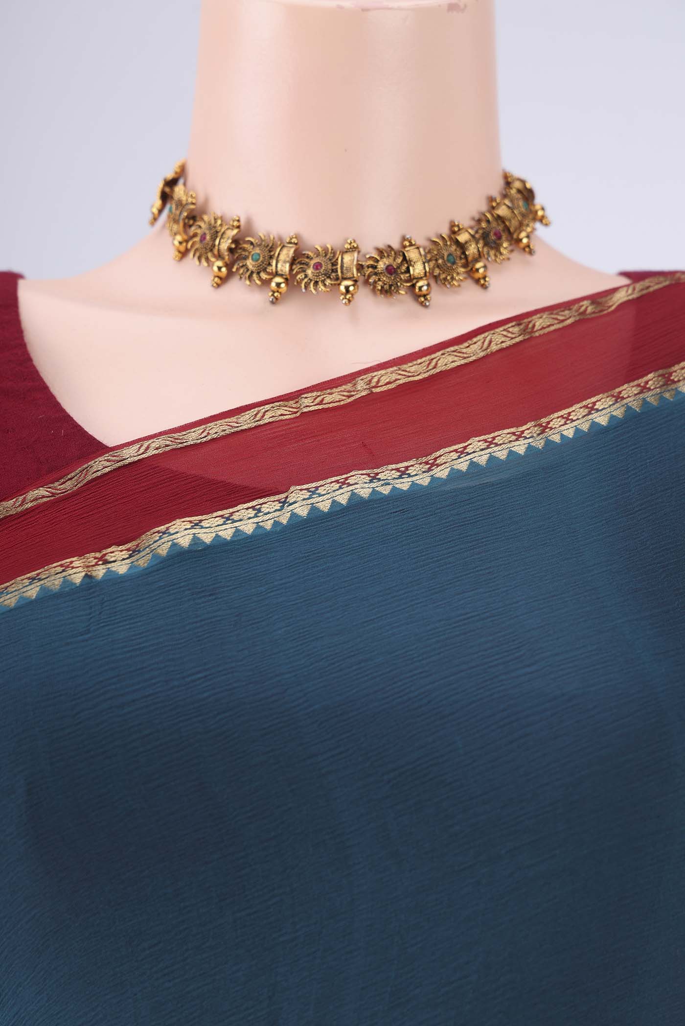 Border image of Blue Mysore Chiffon Saree with Plain Body and Zari Border. 