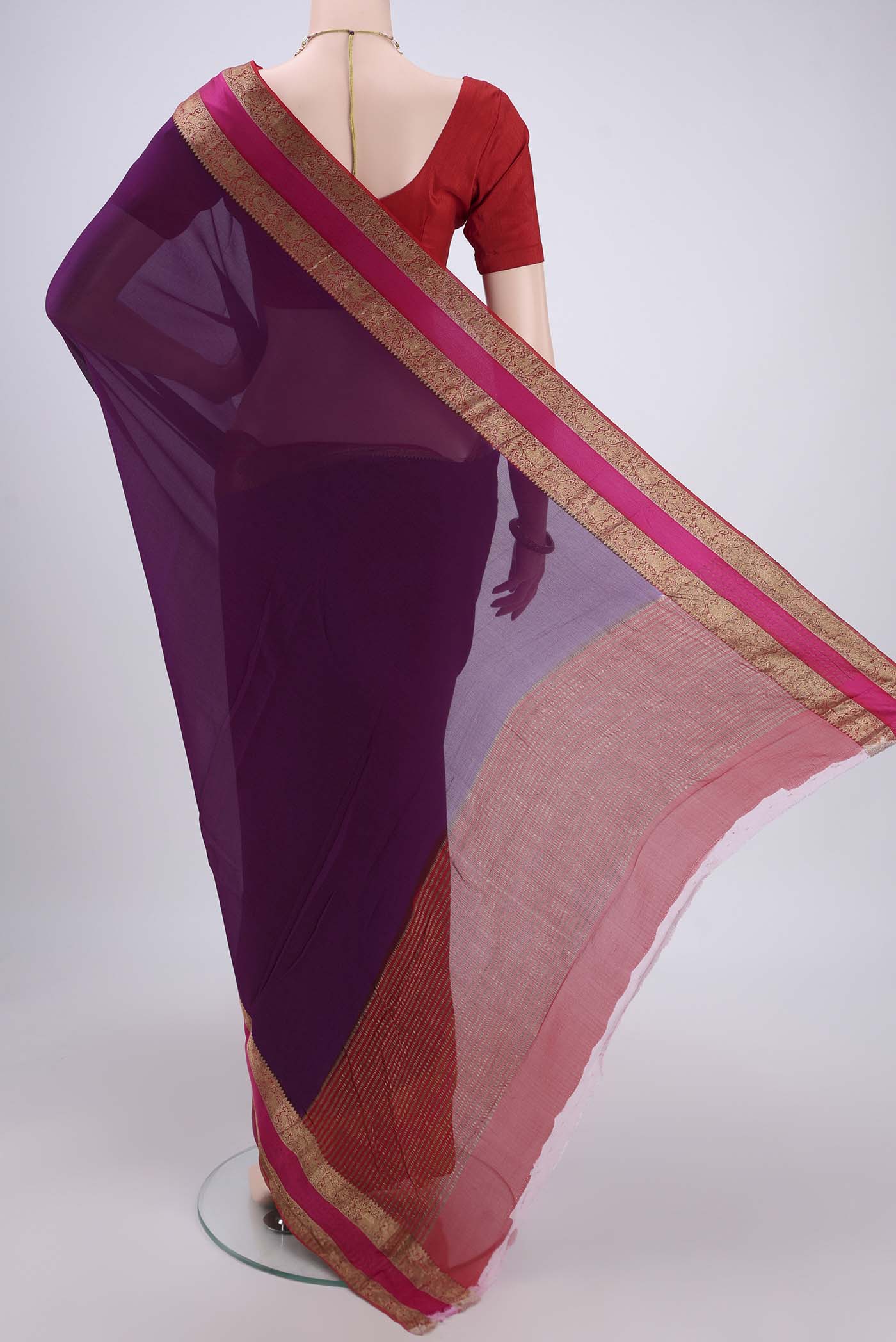 Flat view of Purple Mysore Chiffon Saree with Plain Body and Zari Border. 