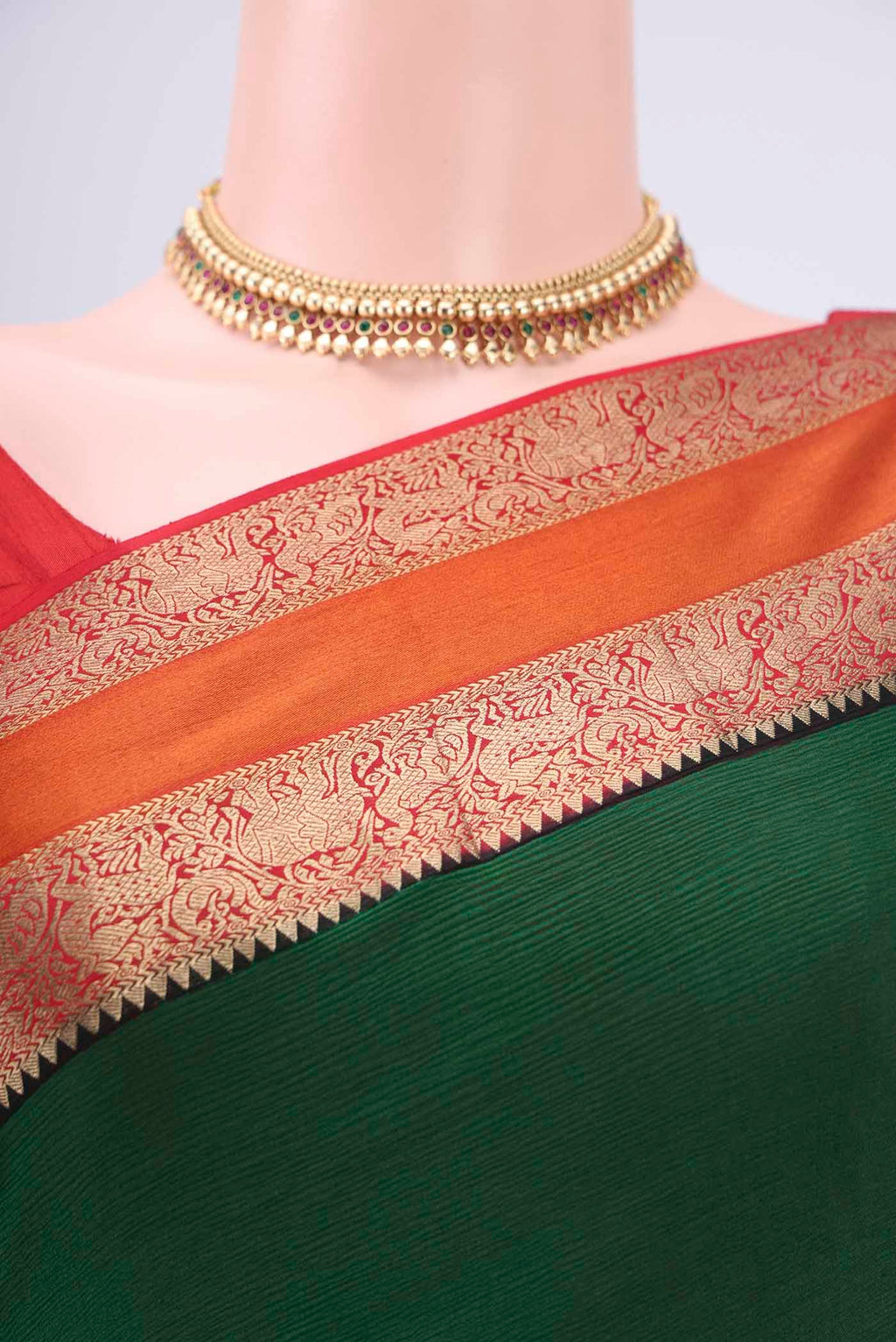 Border image of Green Mysore Chiffon Saree with Plain Body and Zari Border. 