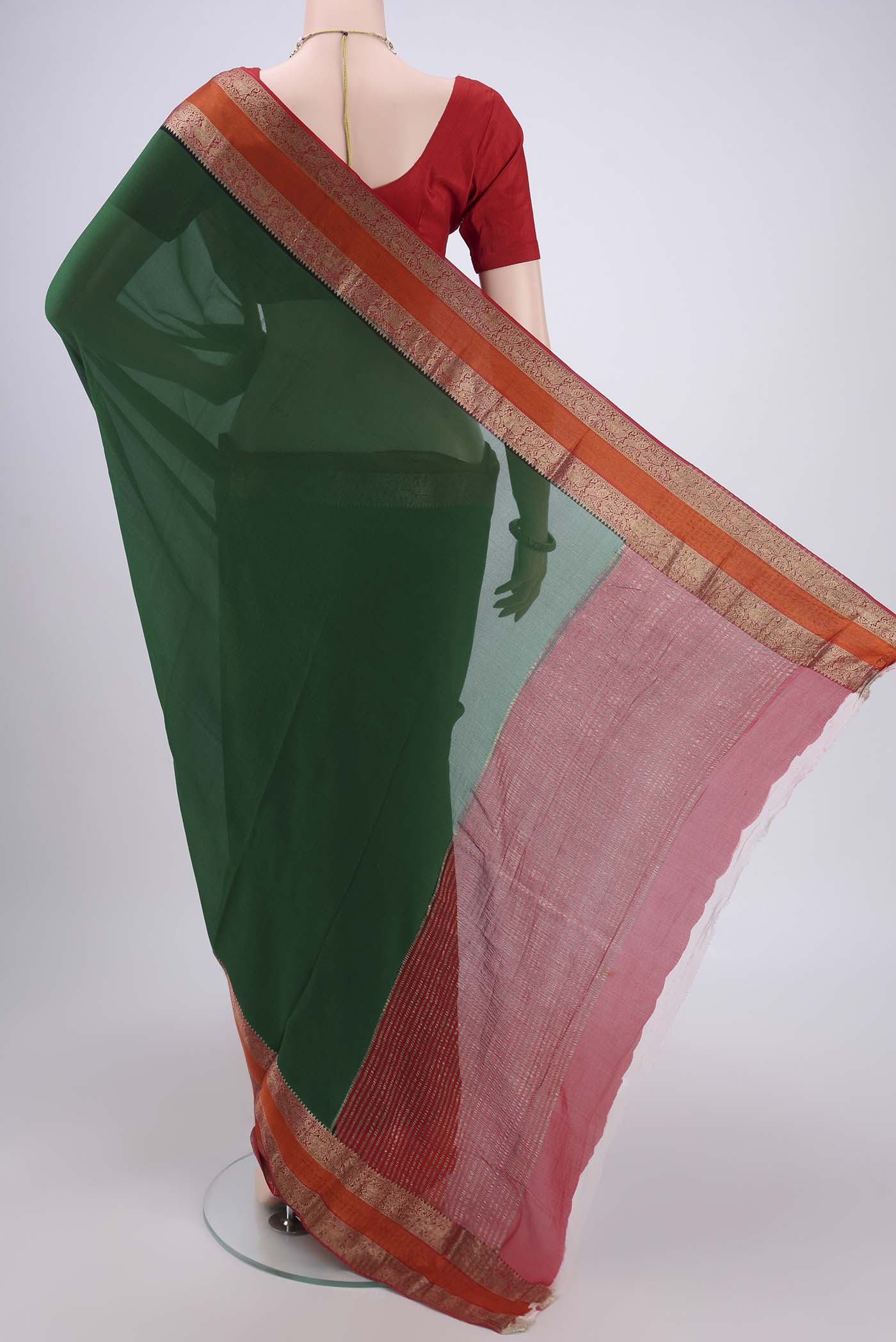 Flat view of Green Mysore Chiffon Saree with Plain Body and Zari Border. 