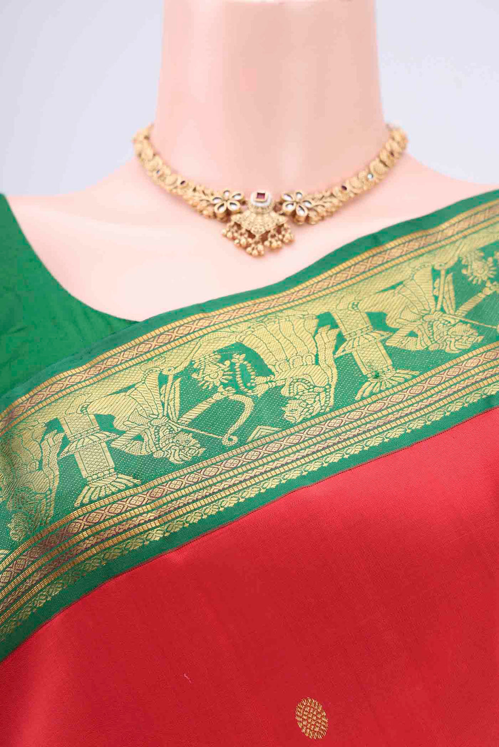 Border image of Red Dual Tone Kanjivaram Silk Saree with Zari Butta on the body and Zari Border. 