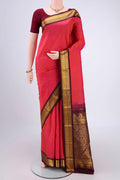 Dark Pink Kanchipuram Silk Saree with Plain Body and Zari Border.  displayed on a mannequin