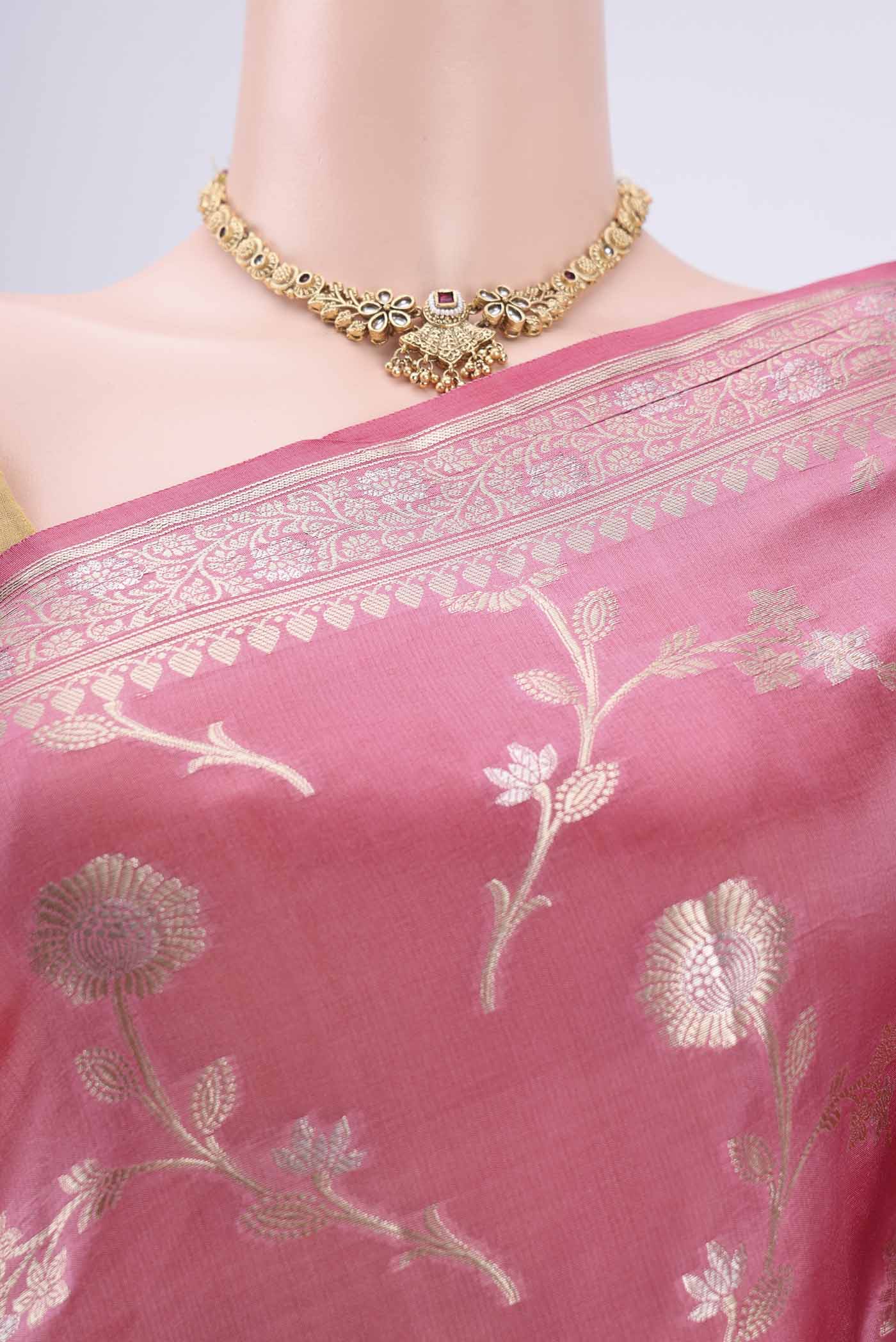 Border image of Peach Banarasi Raw Silk Saree with Zari Brocade on the body and Zari Border. 